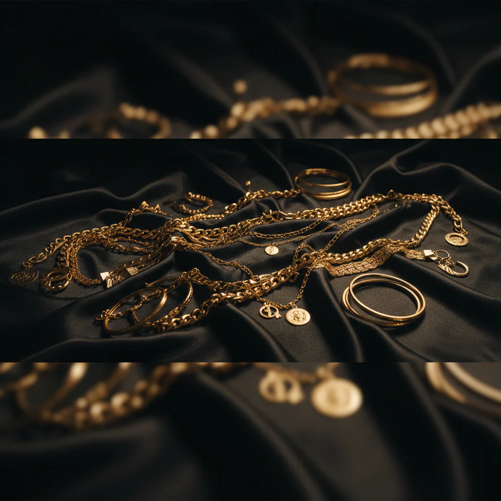 Gold jewelry including necklaces and rings on a dark fabric background